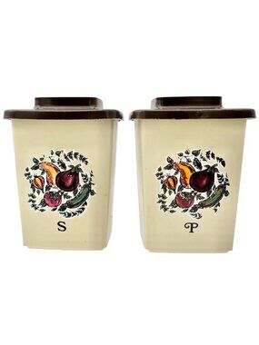 Vtg Plastic Salt and Pepper Shakers Fruit Design Brown Lids Mid-Century Decor 4"
